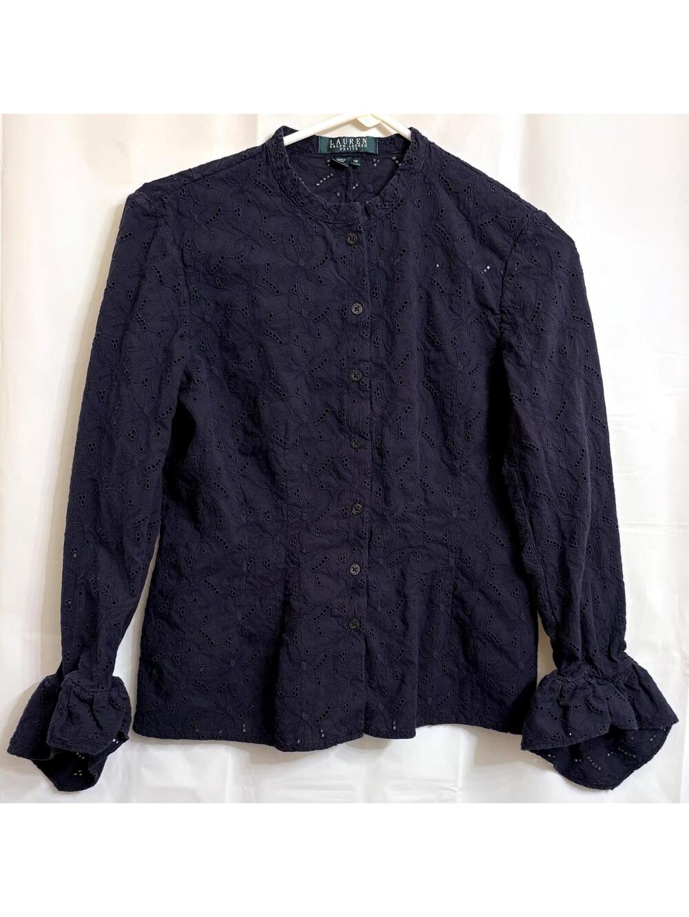 Lauren Ralph Lauren Women's Petite 10P Navy Blue Ruffle Cuff Blouse Top